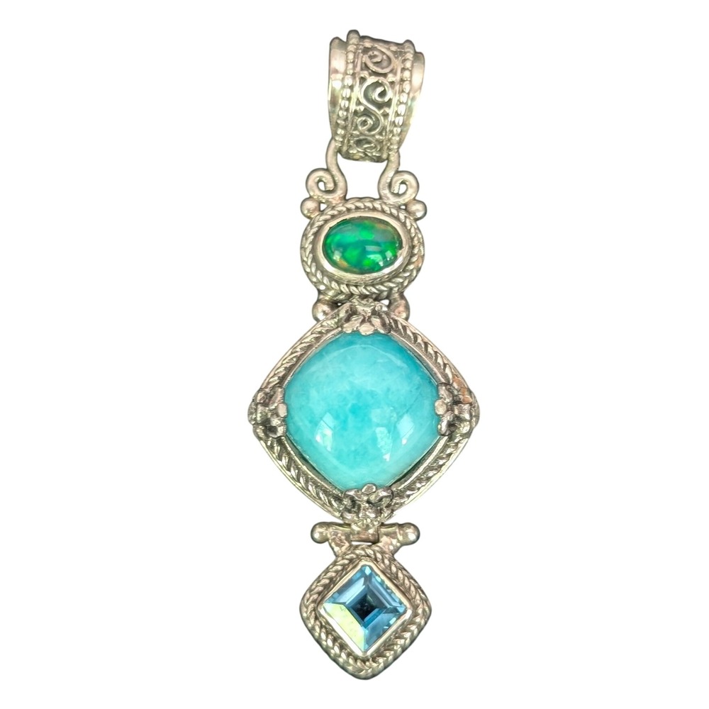 Sarda Sterling Silver 925 Larimar Green Opal Blue Topaz Balinese Style Pendant